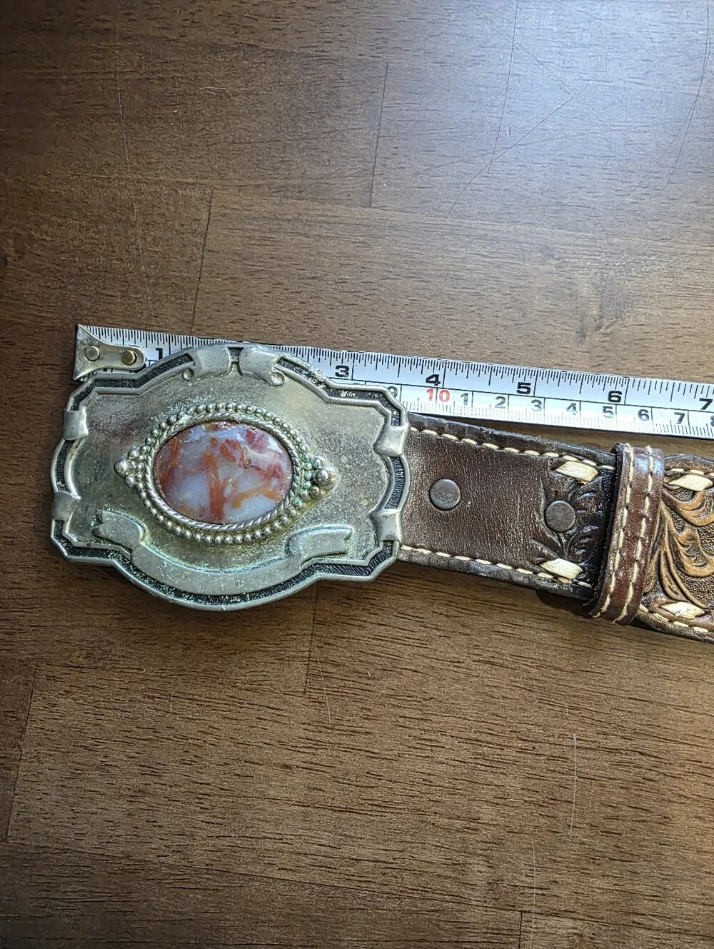Vintage Nocona Hand Tooled Leather Western Belt Size 38 Buckstitch Agate Buckle